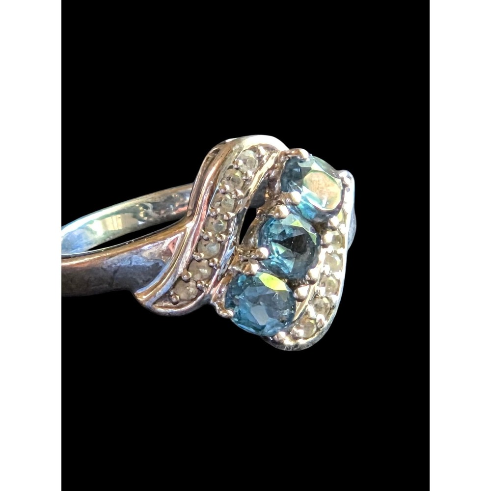 TGGC Sterling Silver Blue Clear Topaz Trio Ring Size 7.5 Vintage 925 Gemstone